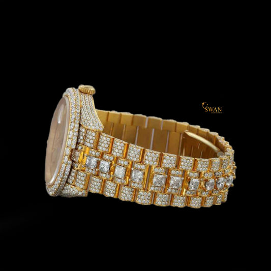 Luxury Iced Out Diamond Watch Gold Day Date Roman Dial Automatic Custom Hip Hop Jewelry Statement Presidential Style Timepiece swan diamond