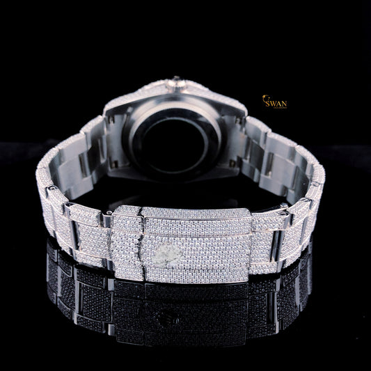 Luxury Fully Iced Out Silver Diamond Watch with Blue Accent Dial Custom Bezel and Bracelet High End Jewelry Timepiece for Men swandiamond