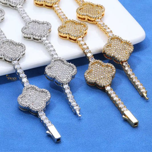 Four Leaf Clover Diamond Tennis Necklace in White Gold with Pave Setting Unique Luxury Statement Jewelry for Men and Women swandiamond