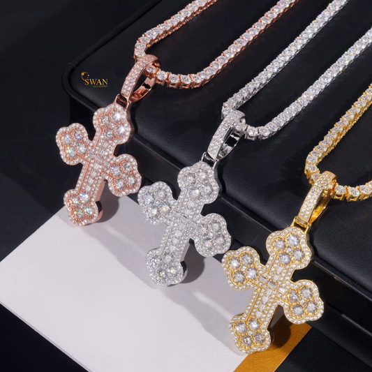 Iced Out Diamond Cross Pendant Necklace with Tennis Chain in Rose Gold White Gold and Yellow Gold Hip Hop Religious Jewelry Gift For Men and Women swandiamond