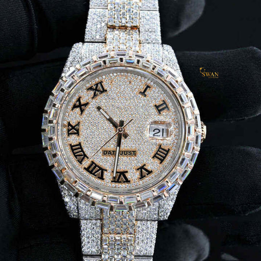 Luxury Iced Out Diamond Watch with Aqua Blue Stones Full Pave Dial and Bracelet Octagon Bezel Premium Timepiece SwanDiamond