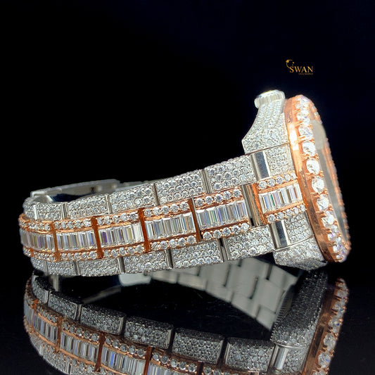 Two Tone Rose Gold and Silver Diamond Watch with Baguette and Round Cut Full Pave Bracelet and Bezel Luxury Edition SwanDiamond