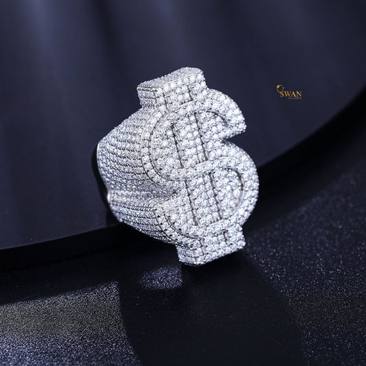 Dollar Sign Hip Hop Ring Iced Out & Diamond Silver Bling Statement Jewelry for Rappers Hustlers and Streetwear Kings SwanDiamond