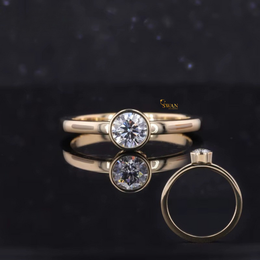 Round Cut Solitaire Diamond Ring Bezel Set in Solid Gold Classic Main Line Engagement Ring Timeless Minimalist Bridal Jewelry swandiamond