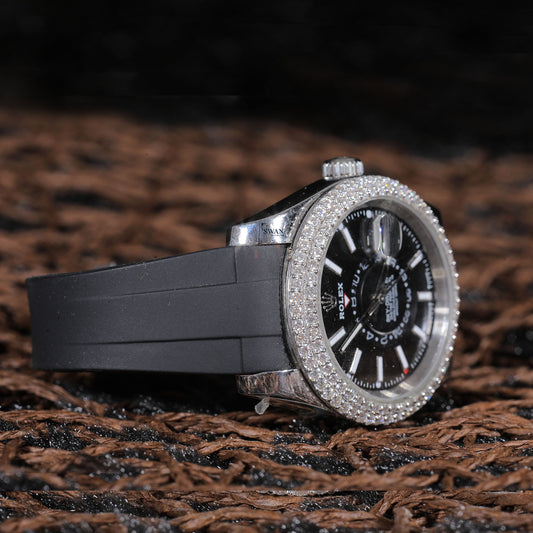 Luxury Silver Sky-Dweller with Diamond Bezel, Black Dial, Luminous Markers, and Premium Black Rubber Strap Design SwanDiamond