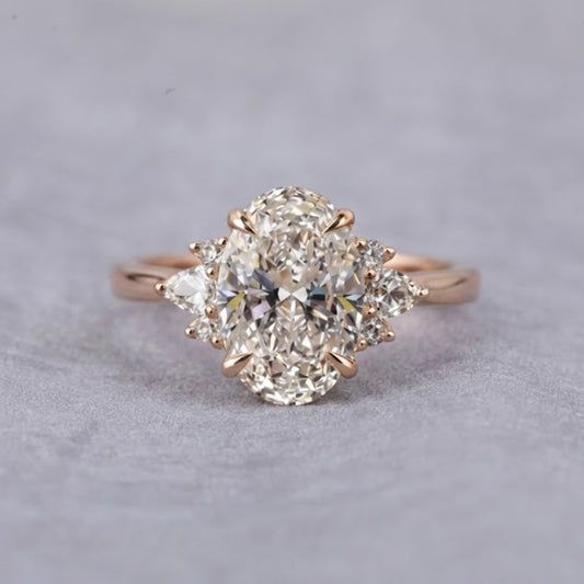 Oval Cut Lab Grown Diamond Three Stone Ring in 18K Rose Gold Vintage Inspired Engagement Ring for Women