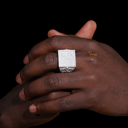 Iced Out Hip Hop Ring Square Diamond Micro Pave Silver Bling Statement Jewelry for Rappers Bosses and Streetwear Kings SwanDiamond