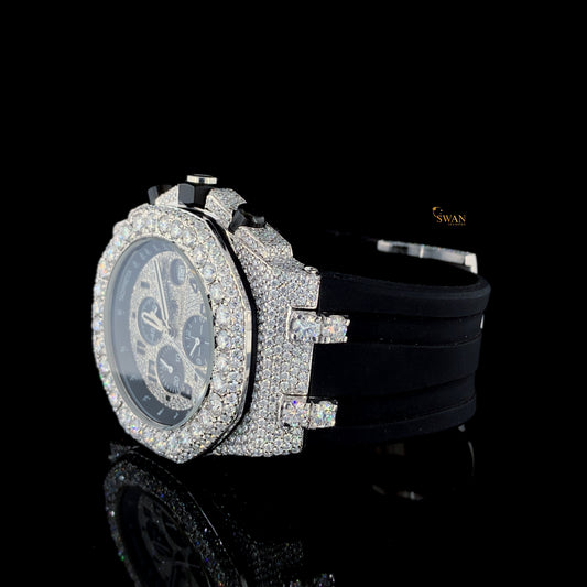 Luxury Iced Out Diamond Chronograph Watch With Black Rubber Strap Mens Hip Hop Bling Fashion Timepiece SwanDiamond