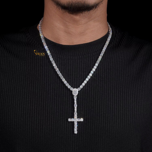 Elegant Diamond Cross Pendant Tennis Necklace in White Gold Sparkling Round Cut Stones Religious Jewelry Gift for Men and Women swandiamond