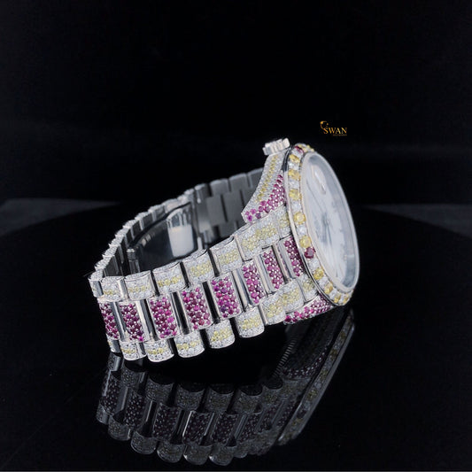 Day Date Iced Out Watch White Dial Diamond Ruby Yellow Stone Bracelet Custom Luxury Jewelry Gift SwanDiamond