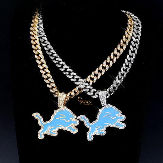 Iced Out Detroit Lions Pendant with Gold Diamond Cuban Link Chain Luxury Hip Hop Jewelry Custom Team Bling Necklace for Men swandiamond
