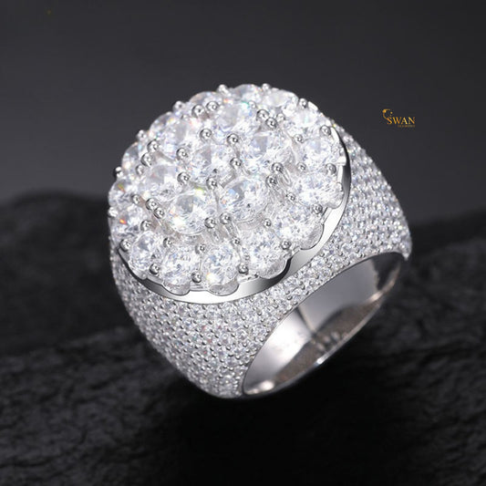 Iced Out Hip Hop Ring & Round Cluster Diamond Silver Bling Statement Jewelry for Rappers Bosses and Streetwear Kings SwanDiamond