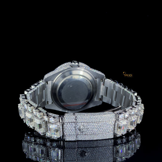 Luxury Diamond Rolex Style Watch Fully Iced Out with Baguette and Round Moissanite Bracelet SwanDiamond Exclusive Timepiece