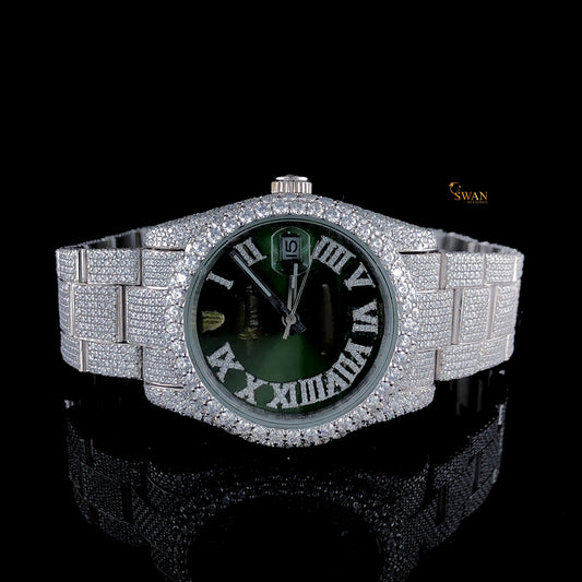 Luxury Diamond Watch Fully Iced Out with Green Dial and Roman Numerals Custom Silver Bracelet Timepiece SwanDiamond