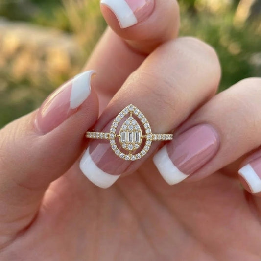 Pear Shaped Lab Grown Diamond Halo Ring in 18K Yellow Gold Minimalist Engagement Ring Dainty Bridal Jewelry for Her