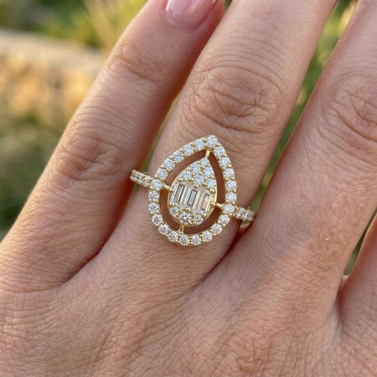 Pear Shaped Lab Grown Diamond Halo Ring in 18K Yellow Gold Minimalist Engagement Ring Dainty Bridal Jewelry for Her