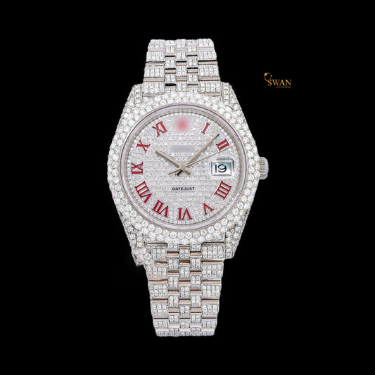 Full yellow gold iced-out watch with a black dial and a date and weekday display, a diamond-encrusted link band by swandiamond