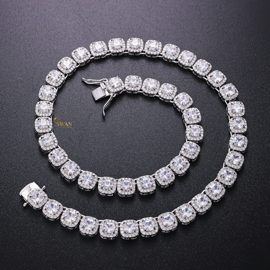 Cushion Cut & Round Brilliant Diamond Tennis Necklace in White Gold with Halo Setting Luxury Statement Jewelry Men for Women Anniversary Gift swandiamond