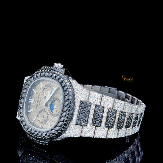 Luxury Two Tone Black and White Diamond Fully Iced Out Watch with Moonphase Dial and Custom Baguette Accents for Men SwanDiamond