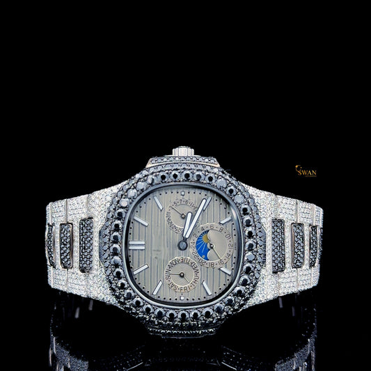 Mens Black Diamond Watch Luxury Iced Out Silver Bracelet Fully Paved Custom Hip Hop Jewelry Two Tone Timepiece SwanDiamond