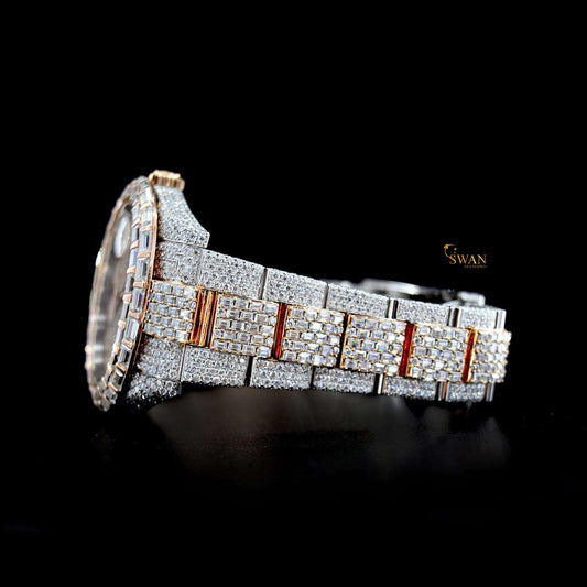 Luxury Iced Out Diamond Watch with Aqua Blue Stones Full Pave Dial and Bracelet Octagon Bezel Premium Timepiece SwanDiamond