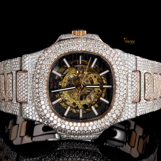 Luxury Iced Out Rose Gold Diamond Watch with Green Dial Full Pave Bracelet Custom Bezel High End Jewelry Gift for Men and Women swandiamond