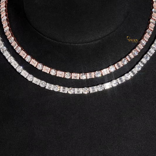 Round and Baguette Cut Natural Diamond Tennis Chain in Rose Gold Two Row Iced Out Statement Necklace Luxury Fine Jewelry for Men and Women swandiamond