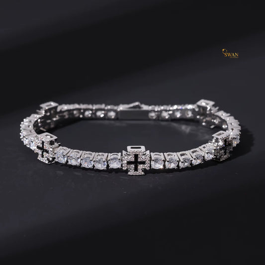 White Gold Diamond Cross Tennis Bracelet with Round Cut Natural Diamonds Sparkling Religious Inspired Luxury Jewelry Elegant Gift for Him or Her swandiamond