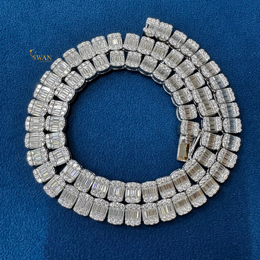 Emerald Cut Baguette Diamond Tennis Necklace in White Gold with Halo Setting Luxury Statement Jewelry for Men and Women swandiamond