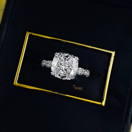 Cushion Cut Solitaire Diamond Ring in Solid White Gold with Side Stones Classic Main Line Engagement Ring Timeless Bridal Jewelry swandiamond