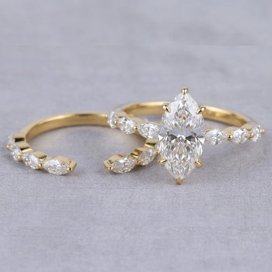 Marquise Cut Lab Grown Diamond Bridal Ring Set in 18K Yellow Gold Wedding Stack Engagement Ring for Women
