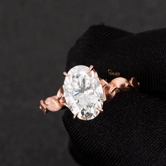 Romantic Oval Cut Diamond Solitaire Ring with Leaf Vine Rose Gold Band Nature Inspired Engagement Jewelry Gift swandiamond