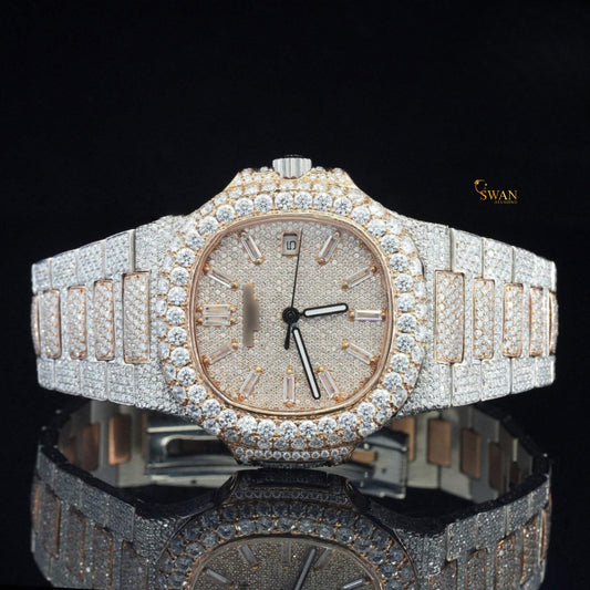 The Grand Diamond-Pave Nautilus A Stunning Two-Tone Creation with Rose Gold Accents, an Icy Marvel from SwanDiamond