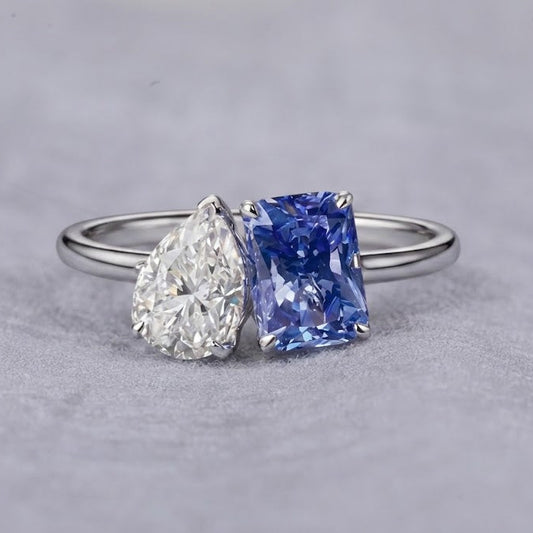 Toi Et Moi Lab Grown Diamond Ring Pear and Radiant Blue Diamond Engagement Ring in 18K White Gold for Her