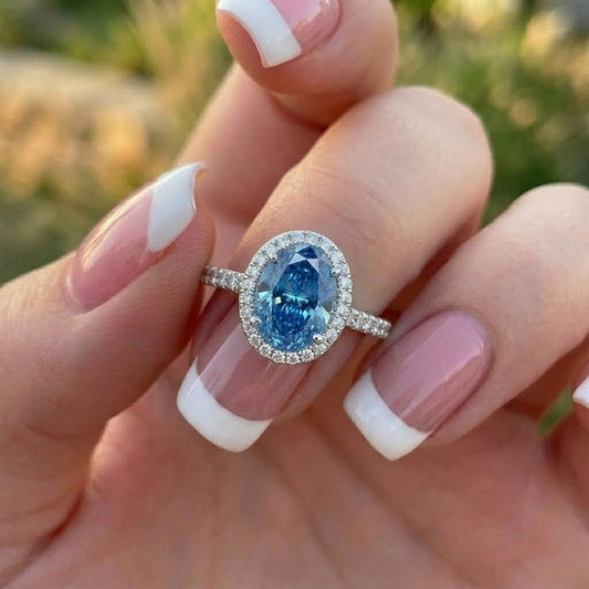 Oval Blue Lab Grown Diamond Halo Engagement Ring in 18K White Gold Vintage Inspired Bridal Ring for Her