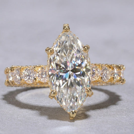 Marquise Cut Lab Grown Diamond Engagement Ring in 18K Yellow Gold Vintage Inspired Diamond Band Ring for Women