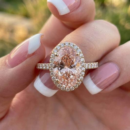 Oval Pink Lab Grown Diamond Halo Engagement Ring in 18K Yellow Gold Hidden Halo Bridal Ring for Her