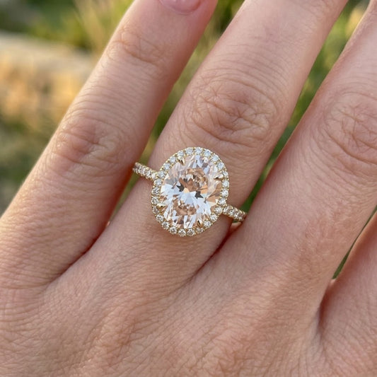 Oval Pink Lab Grown Diamond Halo Engagement Ring in 18K Yellow Gold Hidden Halo Bridal Ring for Her