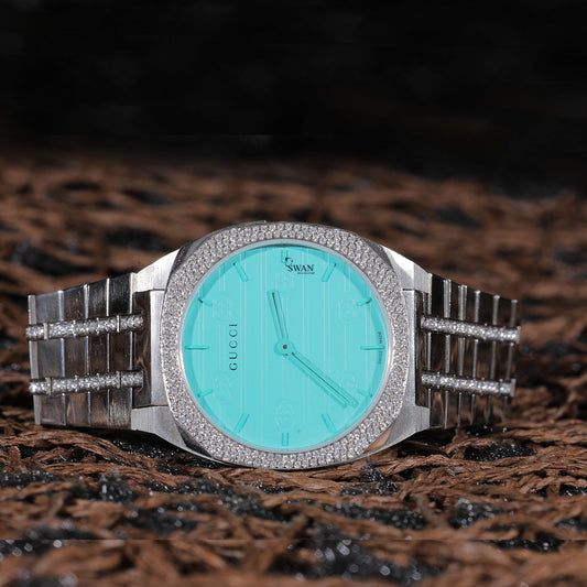 Silver Luxury Watch with Aqua Blue Dial, Diamond Bezel, Pave Link Bracelet, and Sleek Contemporary Design SwanDiamond