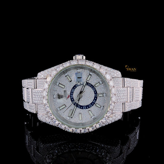 Luxury Fully Iced Out Silver Diamond Watch with Blue Accent Dial Custom Bezel and Bracelet High End Jewelry Timepiece for Men swandiamond