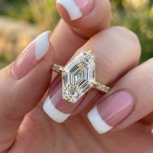 Lozenge Cut Lab Grown Diamond Engagement Ring in 18K Yellow Gold Baguette Band Ring for Women