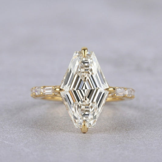 Lozenge Cut Lab Grown Diamond Engagement Ring in 18K Yellow Gold Baguette Band Ring for Women