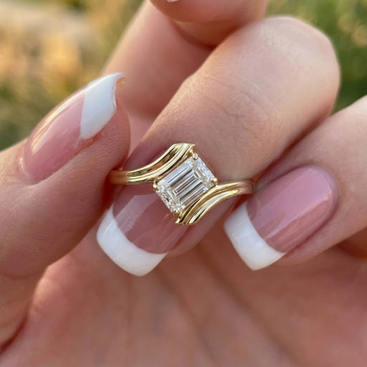 Emerald Cut Lab Grown Diamond Bypass Engagement Ring in 18K Yellow Gold Minimalist Modern Ring for Her