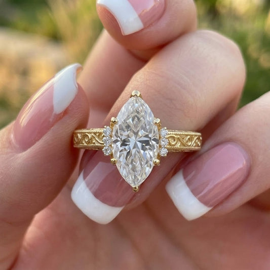 Marquise Cut Lab Grown Diamond Vintage Engagement Ring in 18K Yellow Gold Milgrain Floral Ring for Women