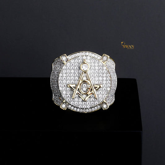 Iced Out Masonic Gold Hip Hop Ring with Full Diamond Pave Bling Round Face Statement Jewelry for Men Freemason Rapper Style SwanDiamond