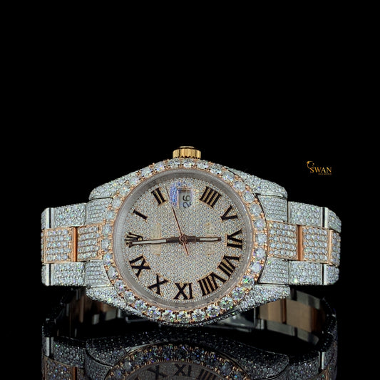 Two Tone Diamond Watch Fully Iced Out with Rose Gold and Silver Bracelet Roman Numeral Dial Custom Luxury Timepiece SwanDiamond