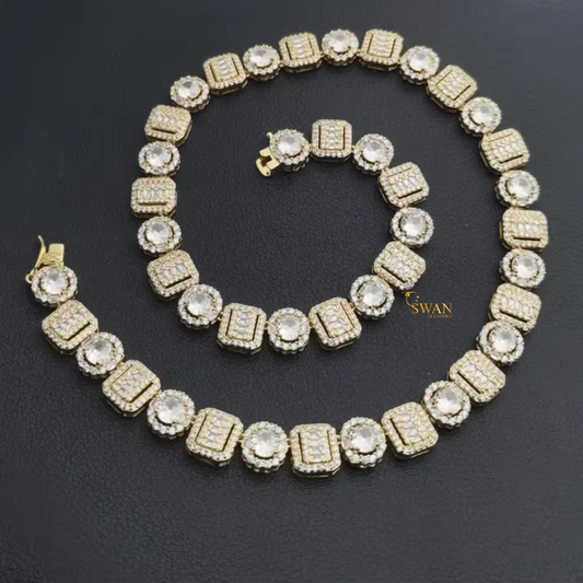 Vintage Inspired Round and Emerald Cut Diamond Tennis Necklace in Yellow Gold Double Halo Statement Jewelry for Men and Women Luxury Gift swandiamond