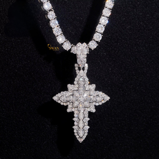Natural Diamond Tennis Chain with Cross Pendant in White Gold Iced Out Statement Necklace for Men and Women swandiamond