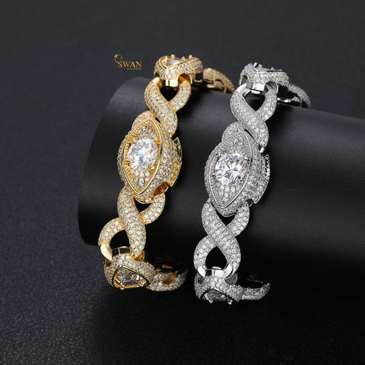 Luxury Icy Marquise and Round Diamond Link Bracelet Yellow Gold Plated Cuban Style Chain with Full Pave Setting Sparkling Statement Jewelry swandiamond