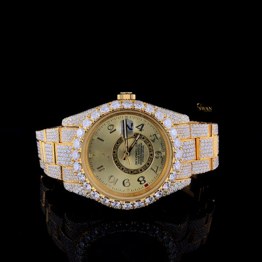 Custom Rolex Sky Dweller Diamond Watch Fully Iced Out Yellow Gold Luxury Mens Timepiece with Round Bezel SwanDiamond